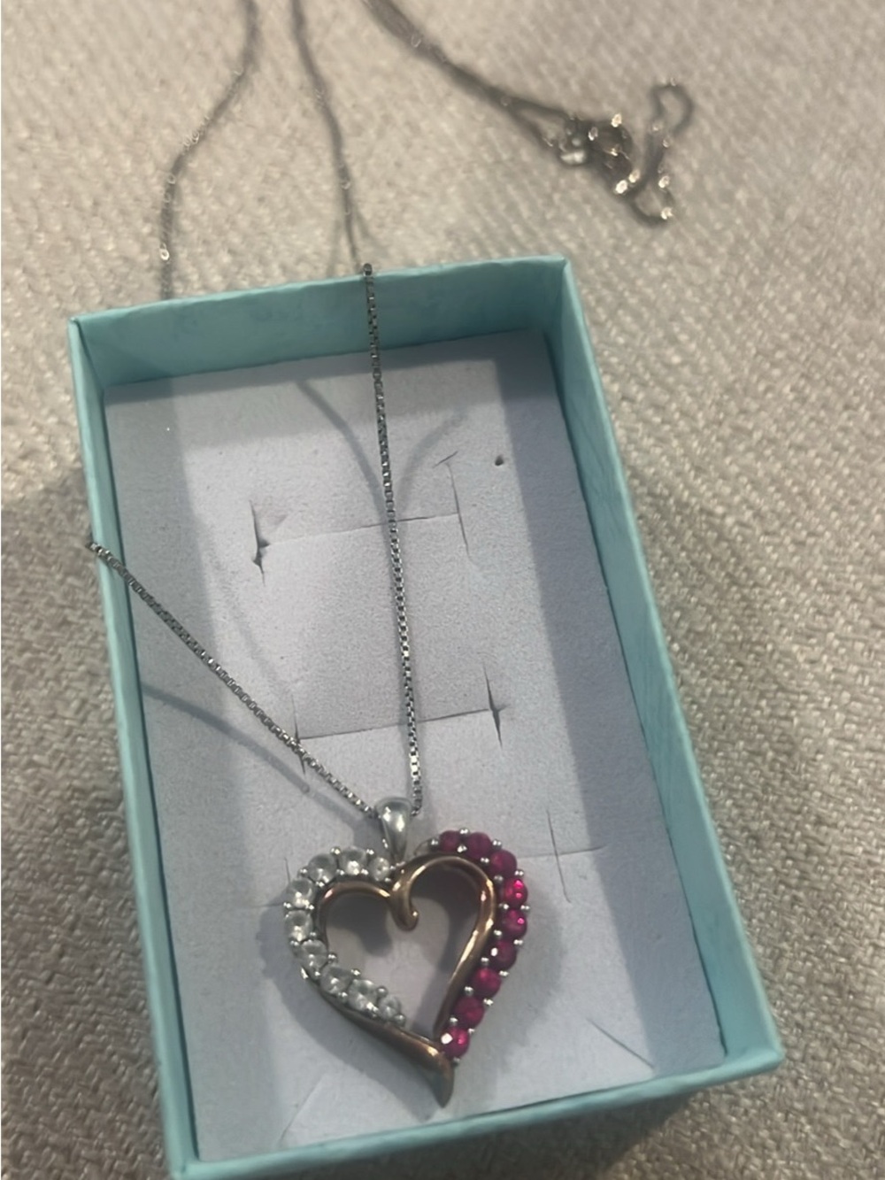 Two-Tone Heart Pendant Necklace with Pink and White Stones